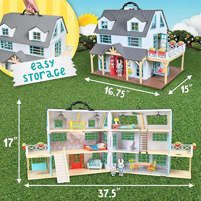 Sunny Days Entertainment Honey Bee Acres Buzzby Farmhouse – 49 Furniture Accessories with 2 Exclusive Figures | 15 Inch Dollhouse Playset | Pretend Play Toys for Kids