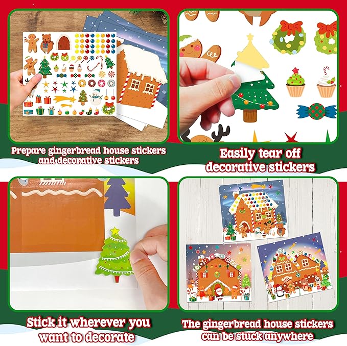 LINAYE 48PCS Make A Gingerbread House Stickers, Christmas Crafts for Kids, Gingerbread House Craft Stickers, 24 Finished Products