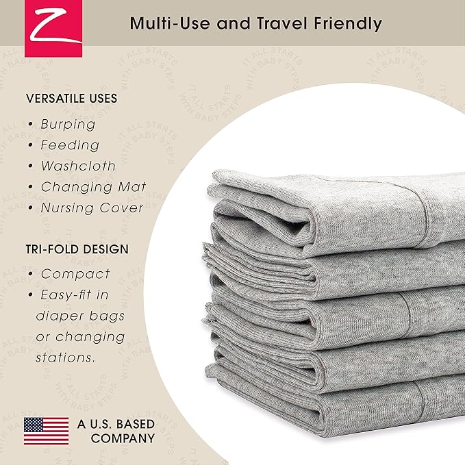 Zutano 5-Pack Organic Burp Cloths for Baby Girl & Boy, Large Cotton Burping Cloths for Babies | Absorbent Baby Spit-Up Rags | Gender Neutral Burp Clothes | Newborn Essentials, Heather Gray