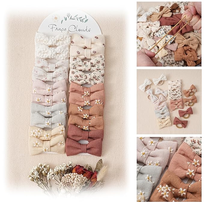 Fancy Clouds Baby Toddler Little Girls Hair Ties with 2" Linen Bows, 20 pcs No Damage Elastic Nylon Ponytail Holders Scrunchies for girls, Small Hair Accessories for Kids Thick or Thin Hair