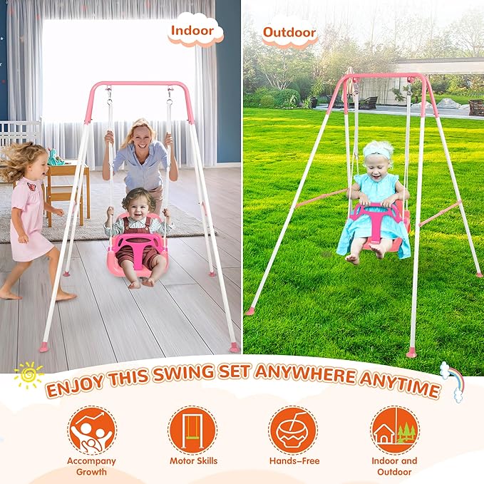 4-in-1 Toddler Swing Set & Baby Jumper and Bouncers, Heavy Duty Baby Swing Set with Foldable Metal Stand for Indoor & Outdoor, Suitable for Children 6 Months and Older, Easy to Assemble & Store