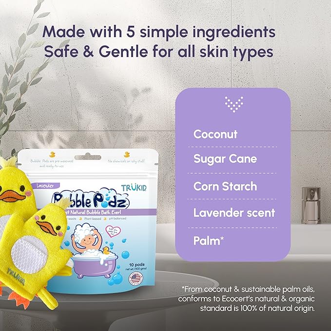 TruKid Lavender Bubble Podz, Baby Cream & Bubble Glove Set – Soothing Bath and Skincare Bundle for Kids