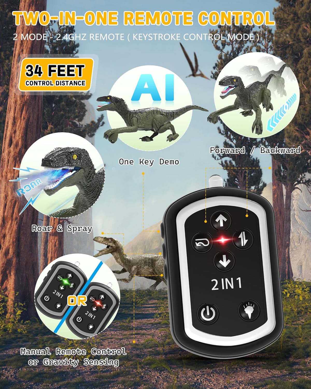 Eulogia RC Dinosaur Car for Kids, Walking Dinosaur Toy with 2-in-1 Remote, Gesture-Sensing & Remote Control Dino Car with Light, Spray, Roaring Sound, Robot Dino Pet Toys Gift for Boys Girls