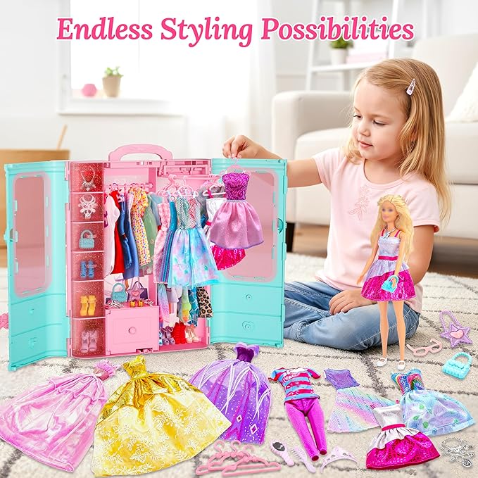 70 Pcs Doll Closet with Clothes & Accessories Set,2 Wedding Gowns 6 Fashion Dresses 2 Casual Outfits 2 Swimsuit 10 Shoes 20 Hanger 27 Accessories,Dress up Toys for Girls Kids Birthday Gift
