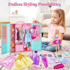 70 Pcs Doll Closet with Clothes & Accessories Set,2 Wedding Gowns 6 Fashion Dresses 2 Casual Outfits 2 Swimsuit 10 Shoes 20 Hanger 27 Accessories,Dress up Toys for Girls Kids Birthday Gift