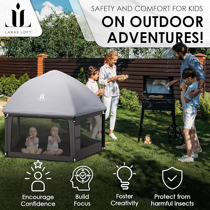 Pop-Up Playpen for Babies & Toddlers Foldable with Canopy (UPF 50), Self-Inflating Playmat, Wind Shade & Carry Bag Durable Baby Beach Tent, Outdoor