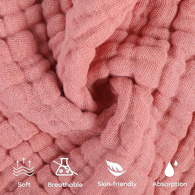 Yoofoss Muslin Baby Washcloths 100% Organic Cotton Face Towels 6 Pack Wash Cloths for Baby 12x12in Soft and Absorbent Baby Wipes (Gradient Pink)