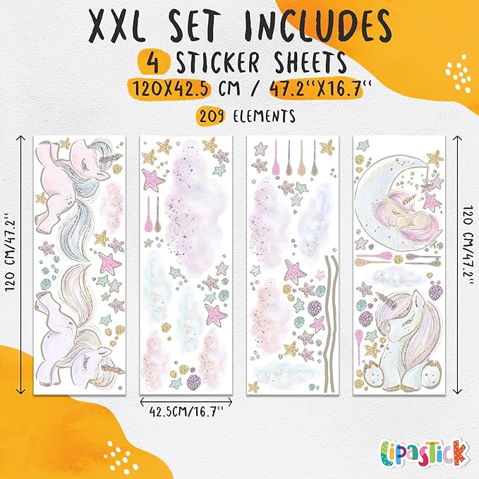 Unicorn Wall Decals by Lipastick - Vibrant Glitter Moon, Stars, Cloud Stickers for Girls Bedroom, Baby Nursery, Kids Room, Birthday Party Decor Art- Peel and Stick Gift Idea- XXL Size