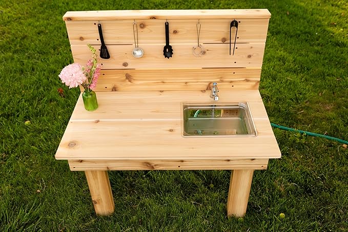 Noble Toys Mini Mud Kitchen with Functional Sink for Kids | Pretend Play Toddler Table with Running Water | Outdoor Playset Working Sink | Real Wooden Kitchens | Preschool Equipment