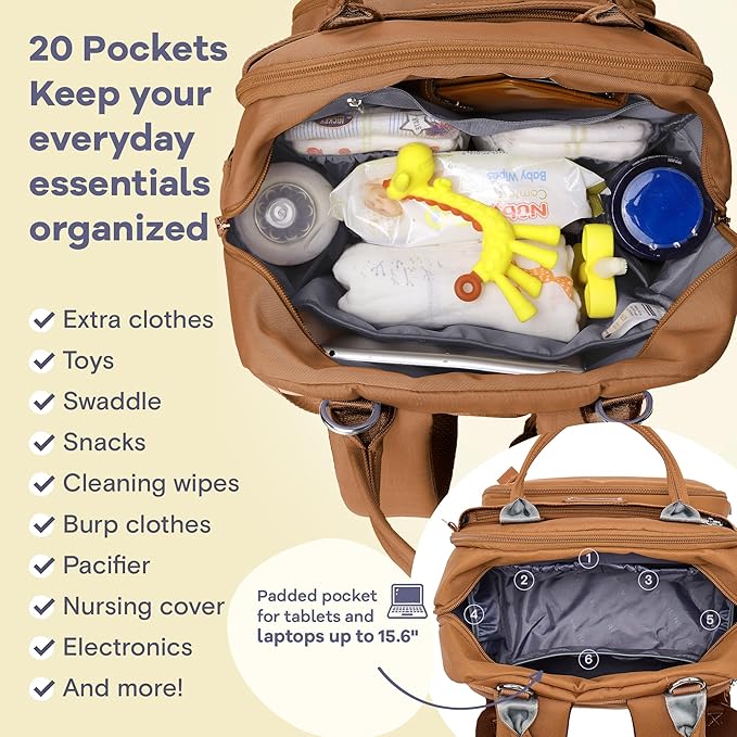 RUVALINO Diaper Bag Backpack-Multifunction Baby Travel Bag with Changing pad, Insulated Bottle Holders & Pacifier Case, Large Capacity, Waterproof, Dark Brown