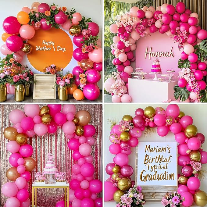 RUBFAC 129pcs Hot Pink Balloons, Latex Magenta Pink Balloon Arch Kit Garland Different Sizes 18 12 10 5 Inch for Birthday Baby Shower Wedding Princess Theme Party Decoration