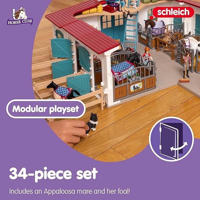 Schleich Horse Club - 34PC Stall Horse Toy Playset with Mare and Foal Figure, Cat Figurine, and Accessories - Stable Extension Set for Girls and Boys - Interactive, Realistic Kids Toys Ages 5+ | 42611