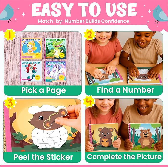 BulbaCraft 4Pcs Sticker Paint Books for Girls - Sticker Books by Number with Mermaids, Princesses, Animals and Unicorns - Coloring Activity for Kids