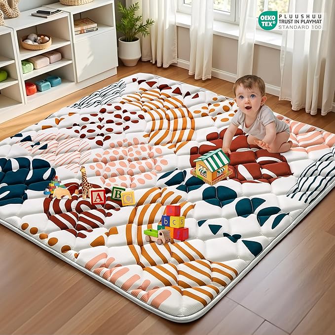 Baby Play Mats for Floor, 59x59 Playpen Mat for Babies, Extra Thicker & Soft Floor Crawling Mat, Foldable Non-Slip Playmat Cushioned for Infants Toddlers, Boho Leaf Design