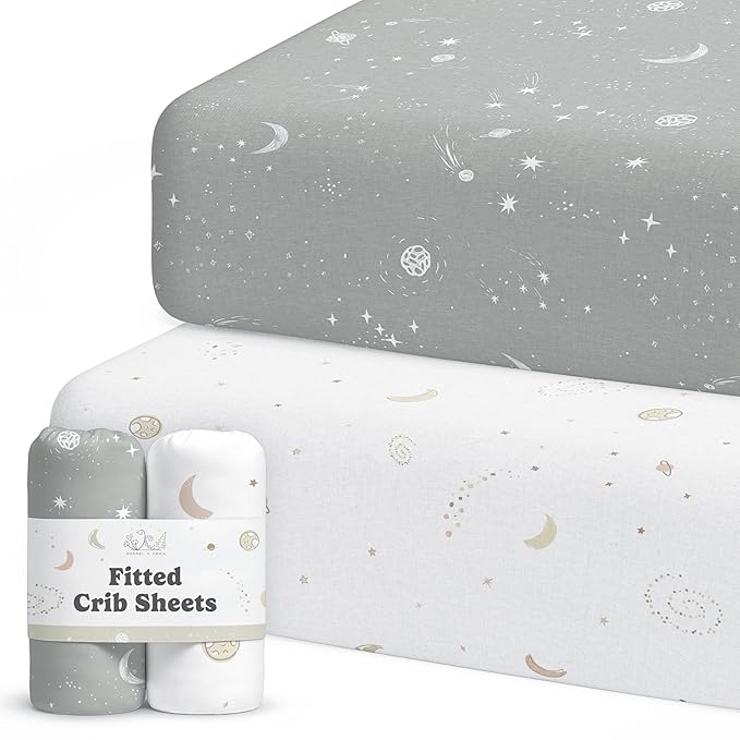 Crib Sheets Neutral - Fitted Baby Crib Sheets Bed for Girl Boy - 2 Pack Standard & Toddler Mattress (Galaxy, Moon, and Stars) - Buttery Soft Organic Cotton Blend