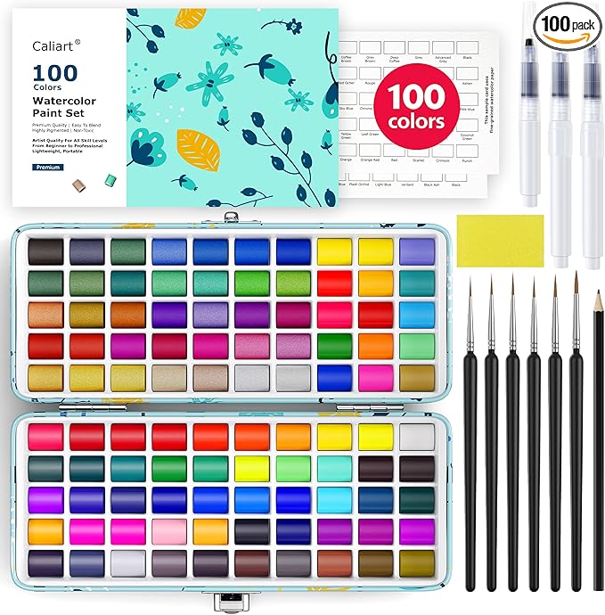 100 Colors Watercolor Paint Set with 4 Brushes, Portable Travel Water Color Kit with Carrying Case, Palette and Accessories, Non-Toxic Art Supplies Gift for Artists Adult Teen Kids Girls