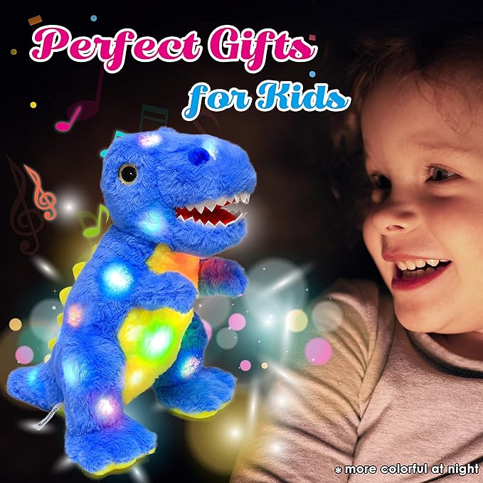 Cuteoy Light-up Plush Blue Dinosaur LED Stuffed Animal Birthday Christmas T-Rex Plushies Toy Gifts for Kids Toddler Girls, 12.5"