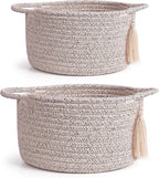Small Soft Organizer Baskets，Decorative Mini Round Woven Rope Storage Bin Empty Gift Baskets for Man，Office, Desk Decor, Gifting, Kids, Toys, Pre Shaped, Brown, 2 Pack