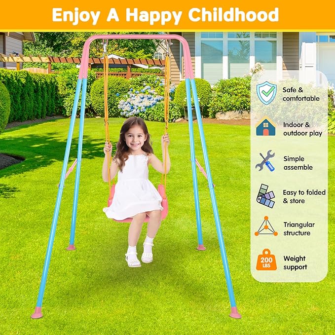 4 in 1 Toddler Swing Set & Baby Jumper, Heavy Duty Kids Swing with Bouncer, Foldable Metal Stand for Indoor & Outdoor, Easy Install & Store (Blue Pink)