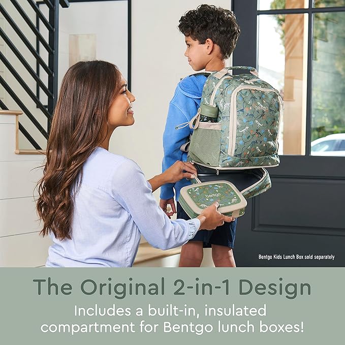 Bentgo Kids 2-in-1 Backpack & Insulated Lunch Bag - Durable 16” Backpack & Lunch Container in Unique Prints for School & Travel - Water Resistant, Padded & Large Compartments (Dino Fossils)