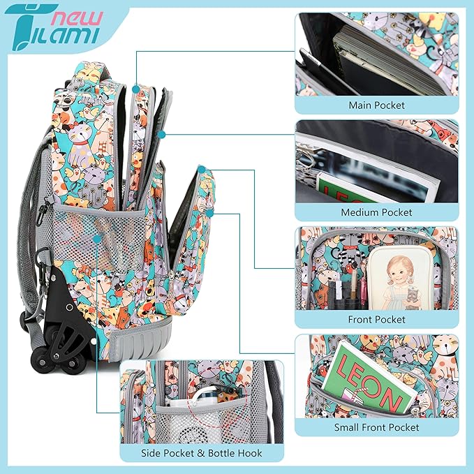 NEW TILAMI Kids 18 inch Rolling Backpack - Durable Waterproof Large Capacity Adjustable Handle Stair Climbing Design for Boys & Girls, Cats Cute