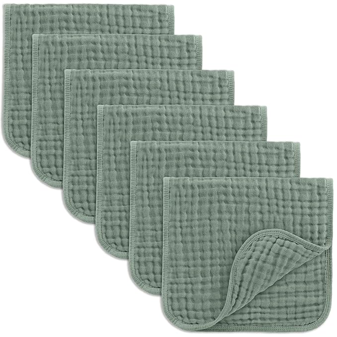 Comfy Cubs Muslin Burp Cloths 20" x 10", Pack of 6 - Large, 6-Layer, Ultra Absorbent 100% Cotton for Baby Drool and Messes - Soft, Safe & Gentle Baby Burp Cloths Set for Boys & Girls - Fern