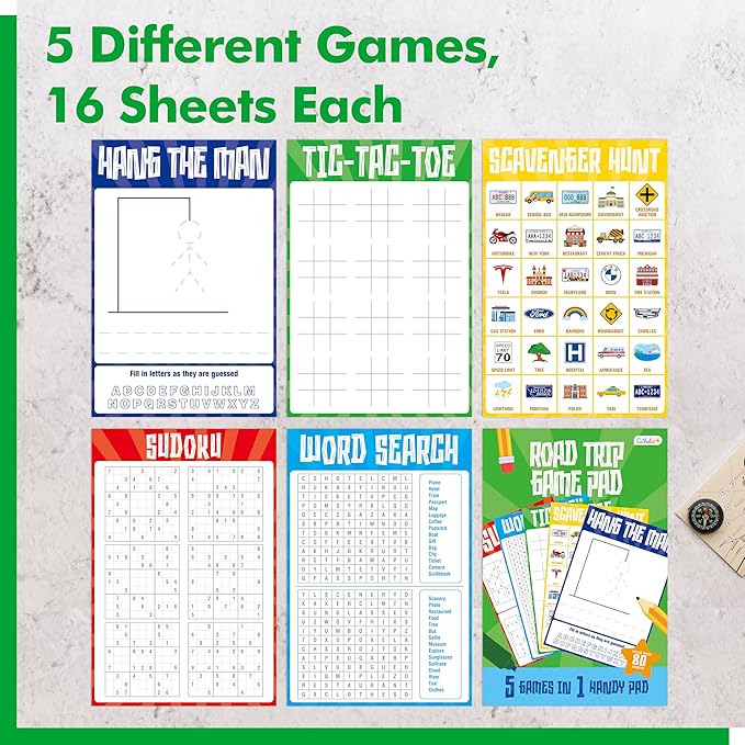 Road Trip Game Pad, 80 Perforated Sheets Travel Activity Pad, 5 Games in 1 Pad, Plane, Car Trip Activity, Pen Pencil & Paper Game for Kids, Adults (6” x 9”)