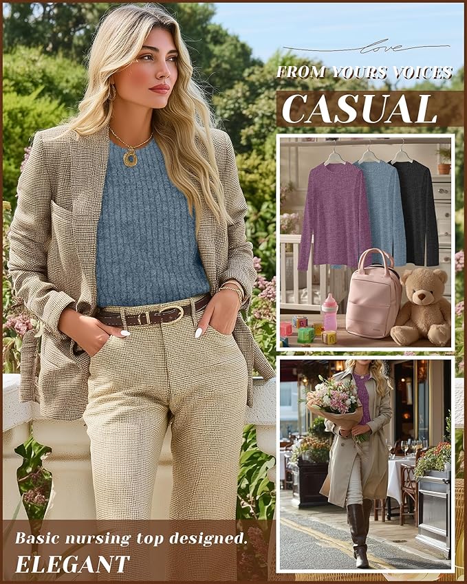 3 Pack Women's Nursing Long Sleeve Tops Breastfeeding Thermal Sweaters with Hidden Zipper Maternity Ribbed Shirts