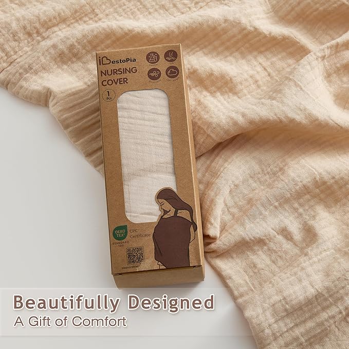 Nursing Cover 100% Cotton Breastfeeding Cover Privacy Muslin Large Full Coverage Nursing Scarf with Gift Box (Linen)