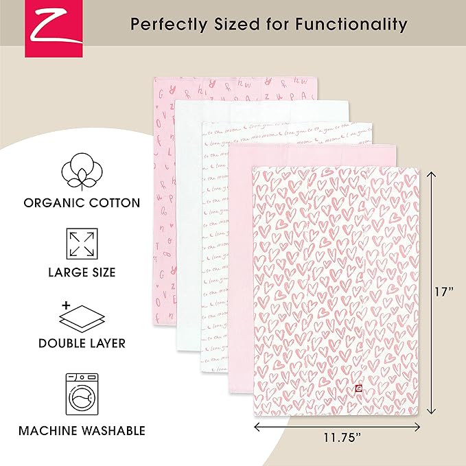 Zutano 5-Pack Organic Burp Cloths for Baby Girl & Boy, Large Cotton Burping Cloths for Babies | Absorbent Baby Spit-Up Rags | Gender Neutral Burp Clothes | Newborn Essentials, Pink Hearts