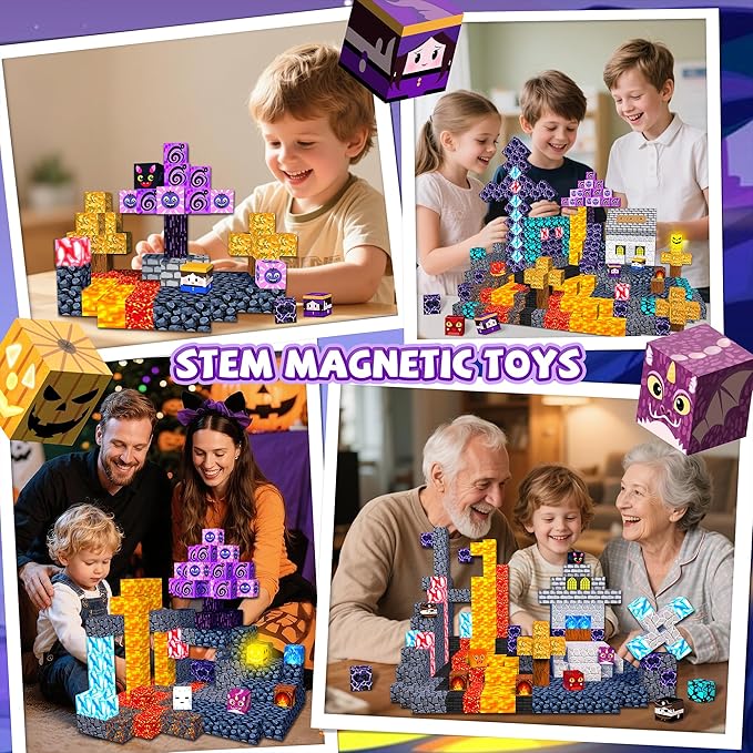 170PCS Magnetic Blocks,1" Light Up Magnetic Building Blocks, Magnets Cubes for Kids to Build 3D Dark Castle Stacking Toddler Set,SETM Sensory Toys for Kids 3+ Ages Boys Girls Christmas Birthday Gifts
