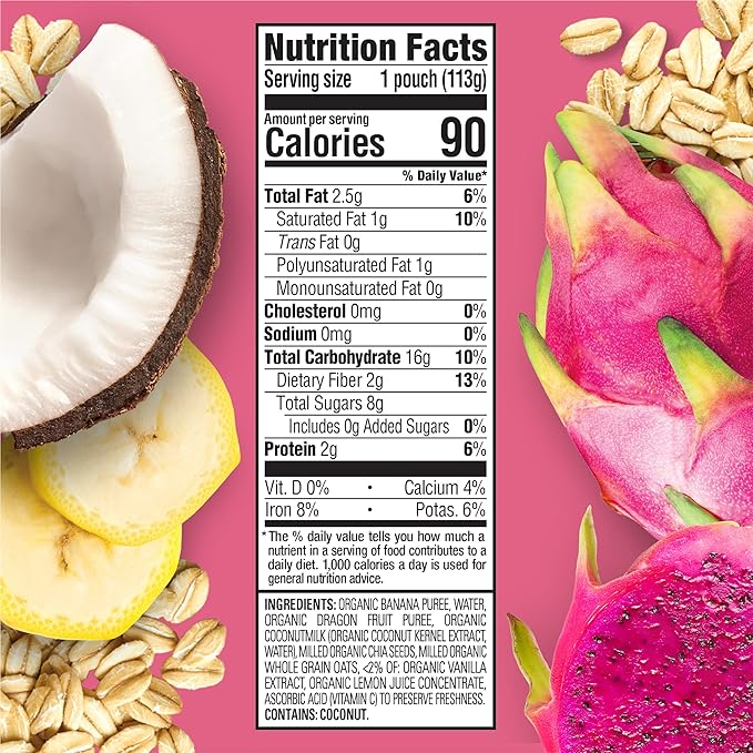 HAPPYTOT Organics Stage 4 Baby Food Pouches, Gluten Free, Vegan & Dairy Free Snack, Super Morning Fruit & Oat Blend, Bananas, Dragon Fruit, Coconutmilk, Oats & Chia, 4 Oz (Pack of 16)