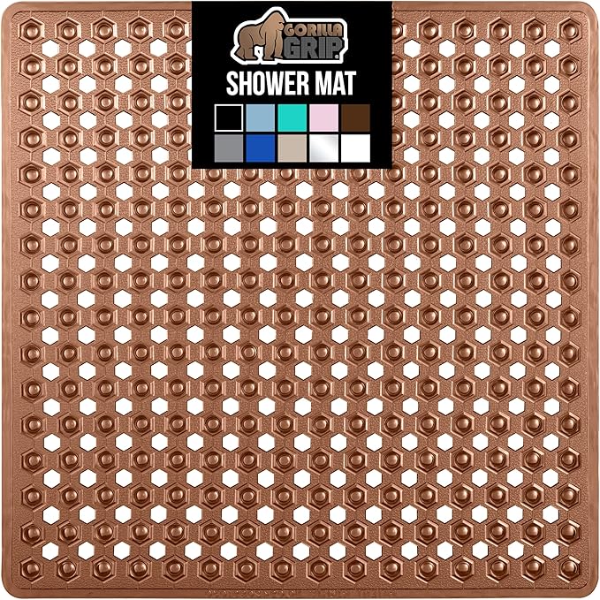 GORILLA GRIP Patented Square Shower Stall Mat, Small Bathtub Floor Mats for Stand Up Showers with Suction Cups and Drainage Holes, Machine Wash, Soft on Feet, Bathroom Accessories 21x21 Inch, Brown