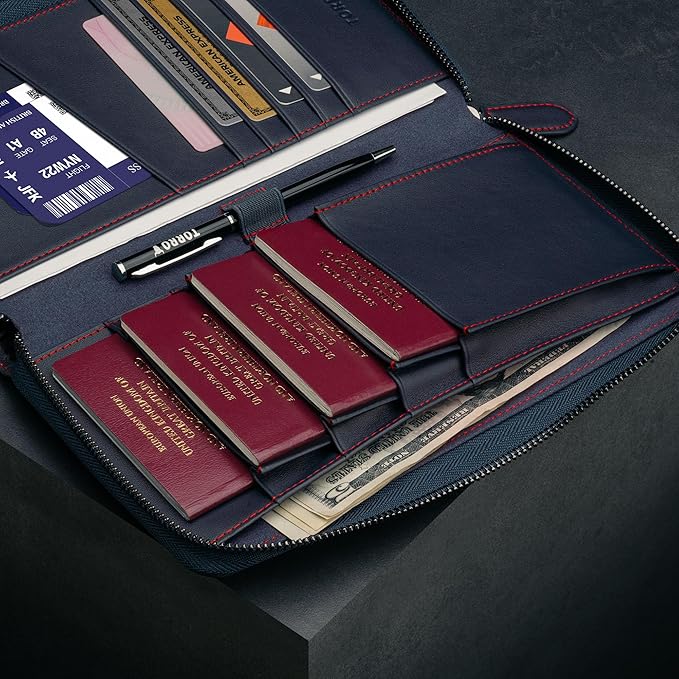 TORRO Premium Leather Family Travel Wallet, RFID Blocking Travel Organizer, Family Passport Holder for 4 Passports, Travel Documents and Cards (Navy Blue)