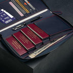 TORRO Premium Leather Family Travel Wallet, RFID Blocking Travel Organizer, Family Passport Holder for 4 Passports, Travel Documents and Cards (Navy Blue)