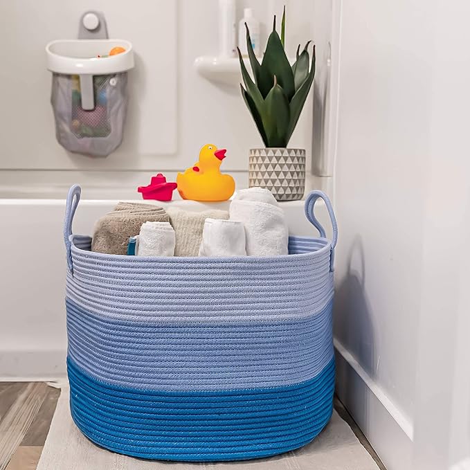 OrganiHaus Toy Storage Basket for Kids, Large Cotton Rope Organizer Bin for Nursery, Toy Box, Blanket Holder, Baby Hamper for Living Room, Soft & Washable, 20x13 inches - Blue