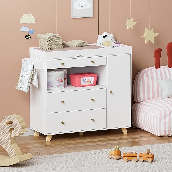 PAKASEPT Nursery Dresser with Baby Changing Table, Modern Diaper Changing Station, Dresser for Nursery with 2 Drawers & Shelves, Storage Crib with Changing Table, White