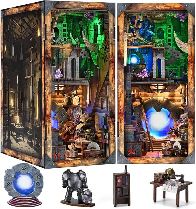Book Nook Kit, DIY Dollhouse Booknook, Miniature Kit for Bookshelf Insert Decor Crafts for Adults Teen Halloween, 3D Wooden Puzzle with Led Light (Blade and Magic)