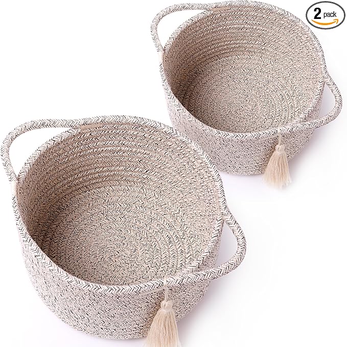 Small Soft Organizer Baskets，Decorative Mini Round Woven Rope Storage Bin Empty Gift Baskets for Man，Office, Desk Decor, Gifting, Kids, Toys, Pre Shaped, Brown, 2 Pack