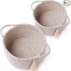 Small Soft Organizer Baskets，Decorative Mini Round Woven Rope Storage Bin Empty Gift Baskets for Man，Office, Desk Decor, Gifting, Kids, Toys, Pre Shaped, Brown, 2 Pack