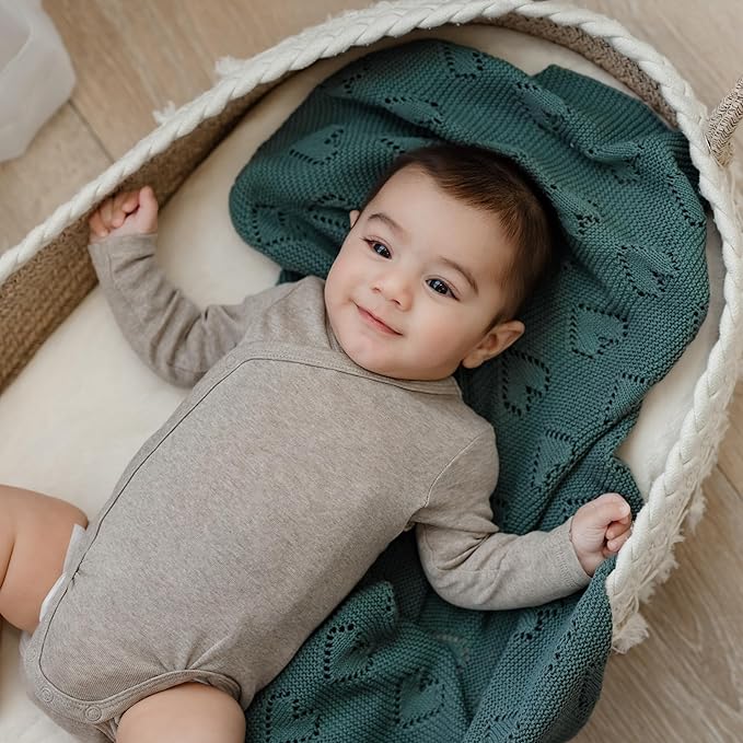 Heirloom Knit Heart Receiving Unisex Blanket for Boys and Girls - 100% Luxury Cotton Baby Blanket - Soft Warm Swaddle Receiving Blanket for Newborns Infants & Toddlers (Ivory)