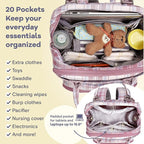 RUVALINO Diaper Bag Backpack, Multifunction Travel Pack Maternity Baby Changing Bags, Large Capacity, Waterproof, Pink Plaid