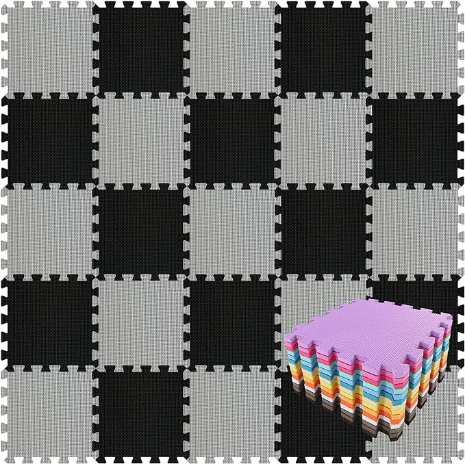 qqpp EVA Rubber 18 Tiles Interlocking Puzzle Foam Floor Mats - Baby Play Mat for Playing | Exercise Mat for Home Workout. Black, Gray. QC-DLb18N