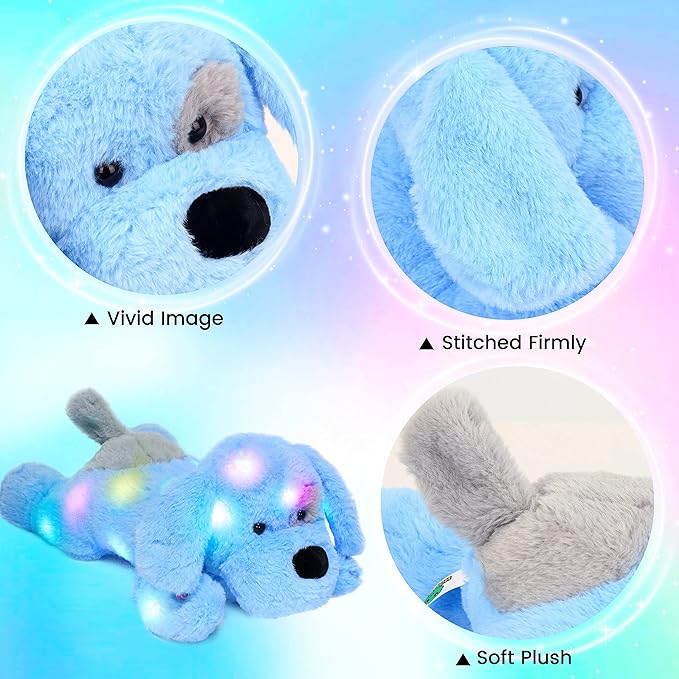 Hopearl LED Plush Puppy Light up Stuffed Animal Dog Floppy Pup Night Lights Glow in The Dark Christmas Winter Birthday Gifts for Kids Toddler Girls, Blue, 17''