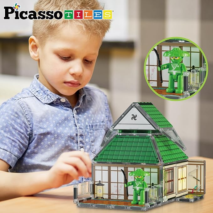 PicassoTiles Magnet Tile Building Blocks Ninja Dojo House Theme STEM Playset with 4 Character Action Figure Ninjas Weapon Accessories Magnetic Tiles Educational Toy Pretend Play Toddlers Ages 3+ PTQ07