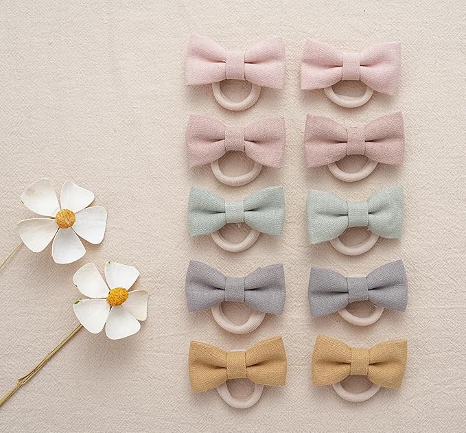 Baby Toddler Girls Hair Ties with Linen Bows, 20 pcs No Damage Elastic Nylon Ponytail Holders, Small Hair Accessories for Thick or Thin Hair