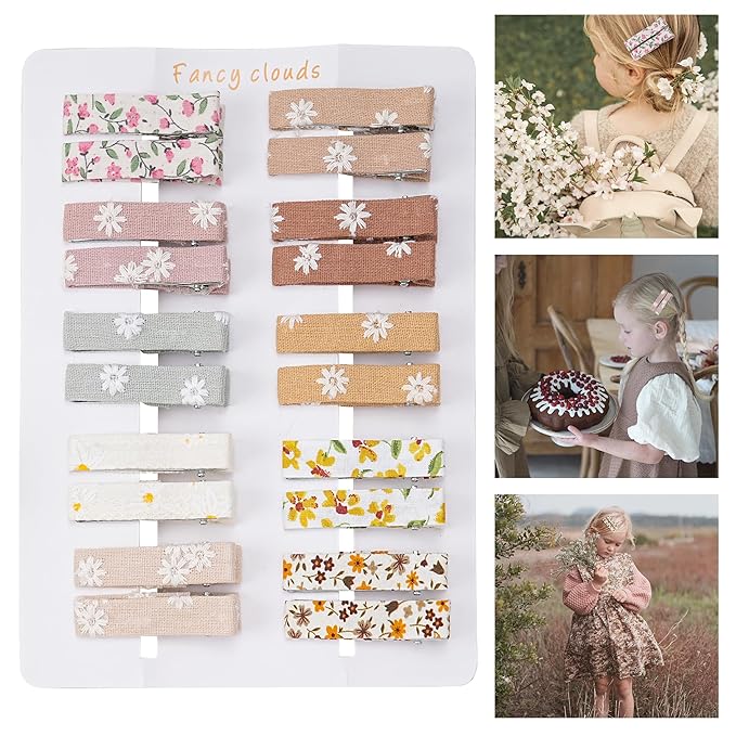 FANCY CLOUDS Hair Clips for Girls Women Toddler Baby,Assorted 20Pcs Flower Fabric Fully Lined Small Alligator Clips Hair Accessories for Teens Child Kids Gifts