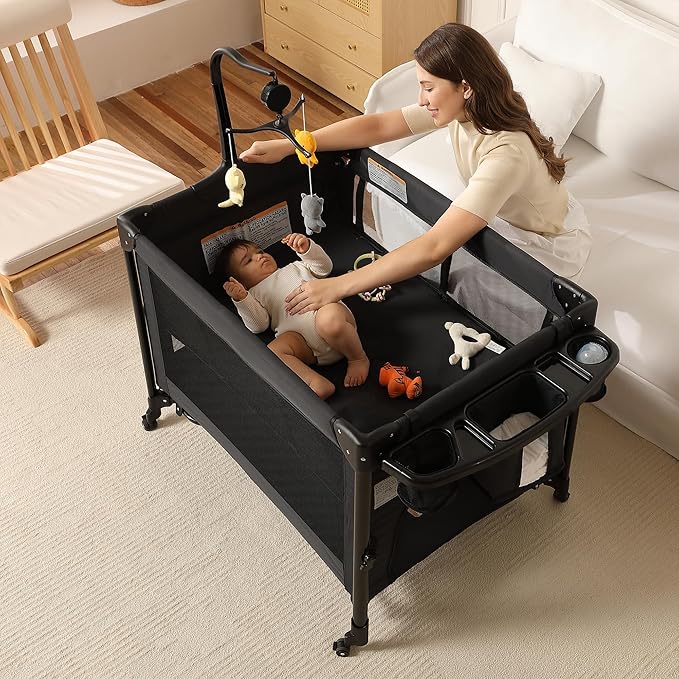 Pack and Play, Baby Bassinets Bedside Sleeper, Portable Crib, Diaper Changing Table & Baby Play Yard - Breathable Mesh & Steel Frame - Foldable for Newborn to Toddler (Black)