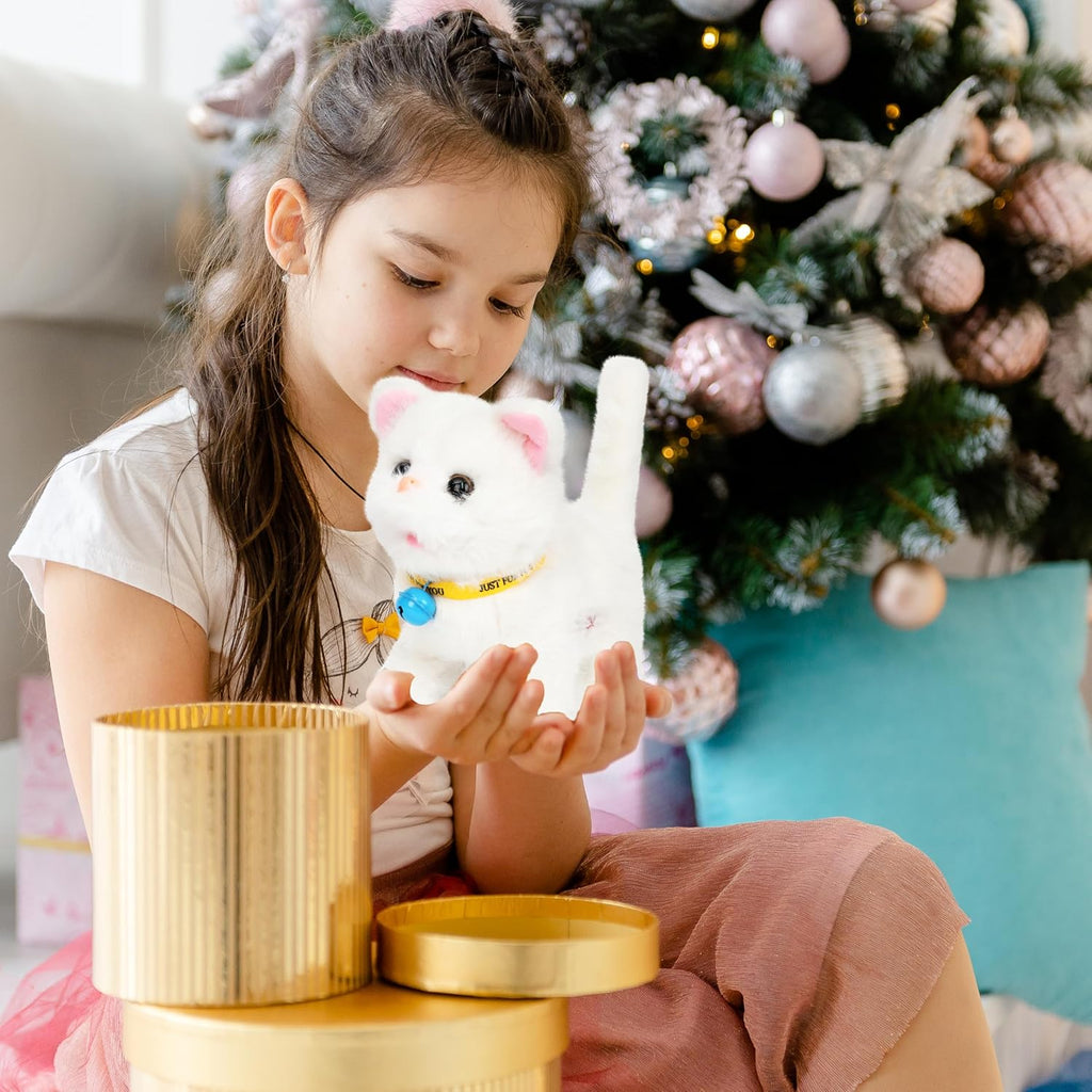 Easfan 7" Walking Plush Kitty Toy Stuffed Animal Electric Interactive Talking Musical Plush Toy White Cat Tail Wagging Birthday Gifts for Kids Toddlers