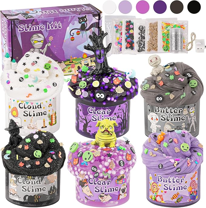 LAWOHO 6 Packs Purple Black Slime Kit - Cloud, Butter & Clear Slime, Slime for Kids with Spooky Slimes Add-ins, Slime Kit for Boys & Girls Birthday Halloween Party Favors Christmas Easter Gifts